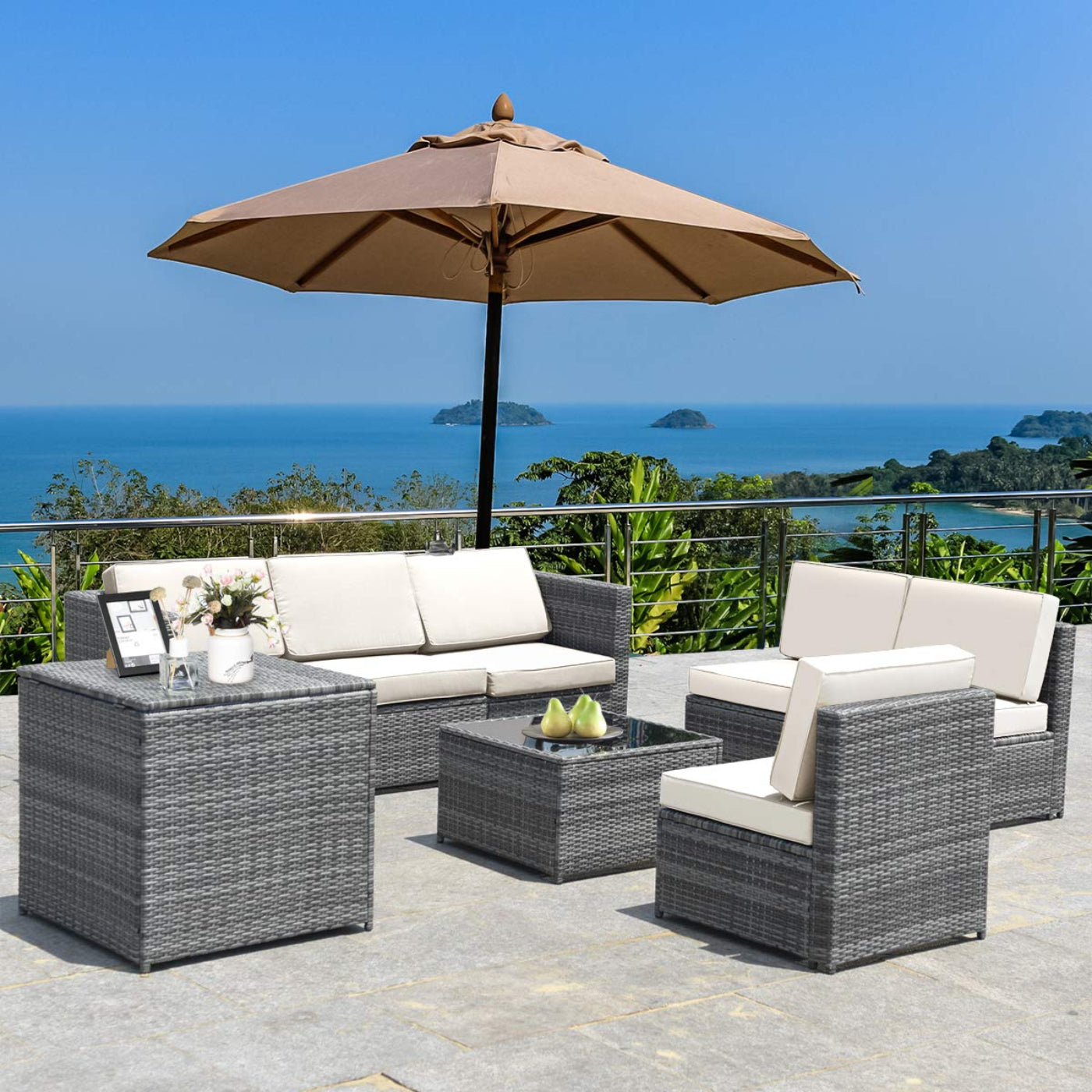 Tangkula 8 PCS Outdoor Patio Furniture Set, Rattan Wicker Sofa Set - HW65782BK+