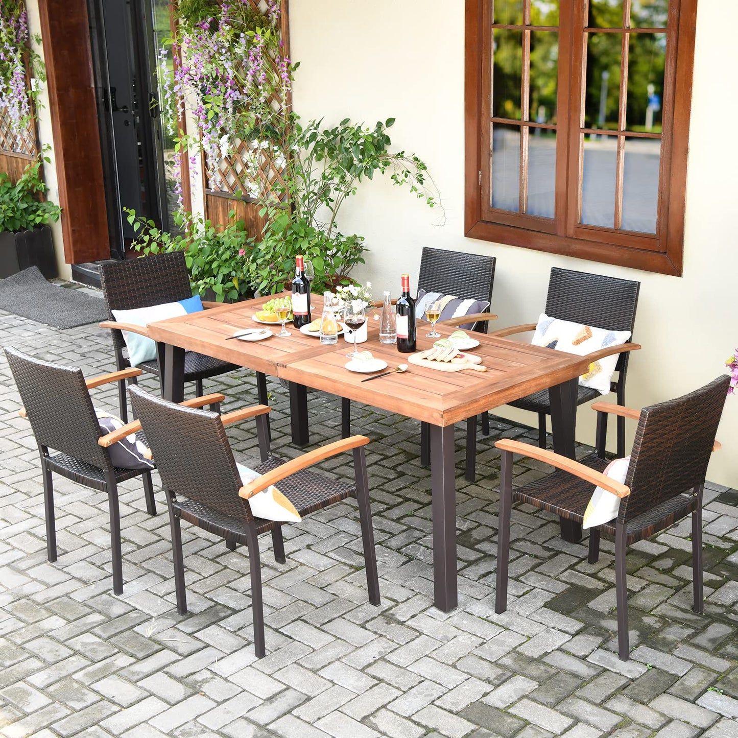 Tangkula 7-Piece Wicker Patio Dining Set, Patiojoy Outdoor Rattan Garden Yard Furniture Set - HW66354+OP70689+OP70690