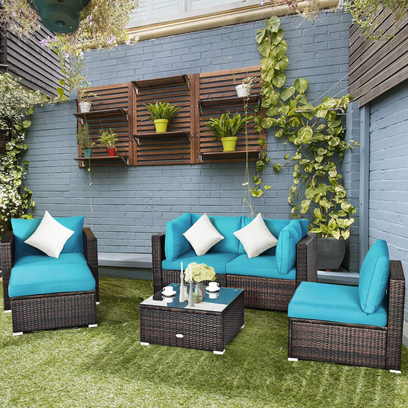 Tangkula 6 Pieces Patio Rattan Sectional Furniture Set, Outdoor Wicker Conversation Set with Glass Coffee Table Sofa Ottoman - HW63877BK+
