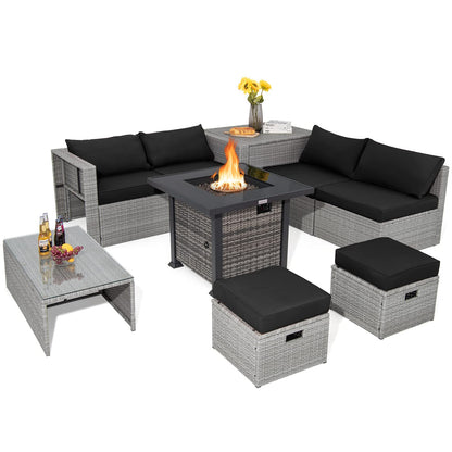 Tangkula 9 Pieces Outdoor Patio Furniture Set with 32-Inch Propane Fire Pit Table - NP10618GR+HW68604DK+