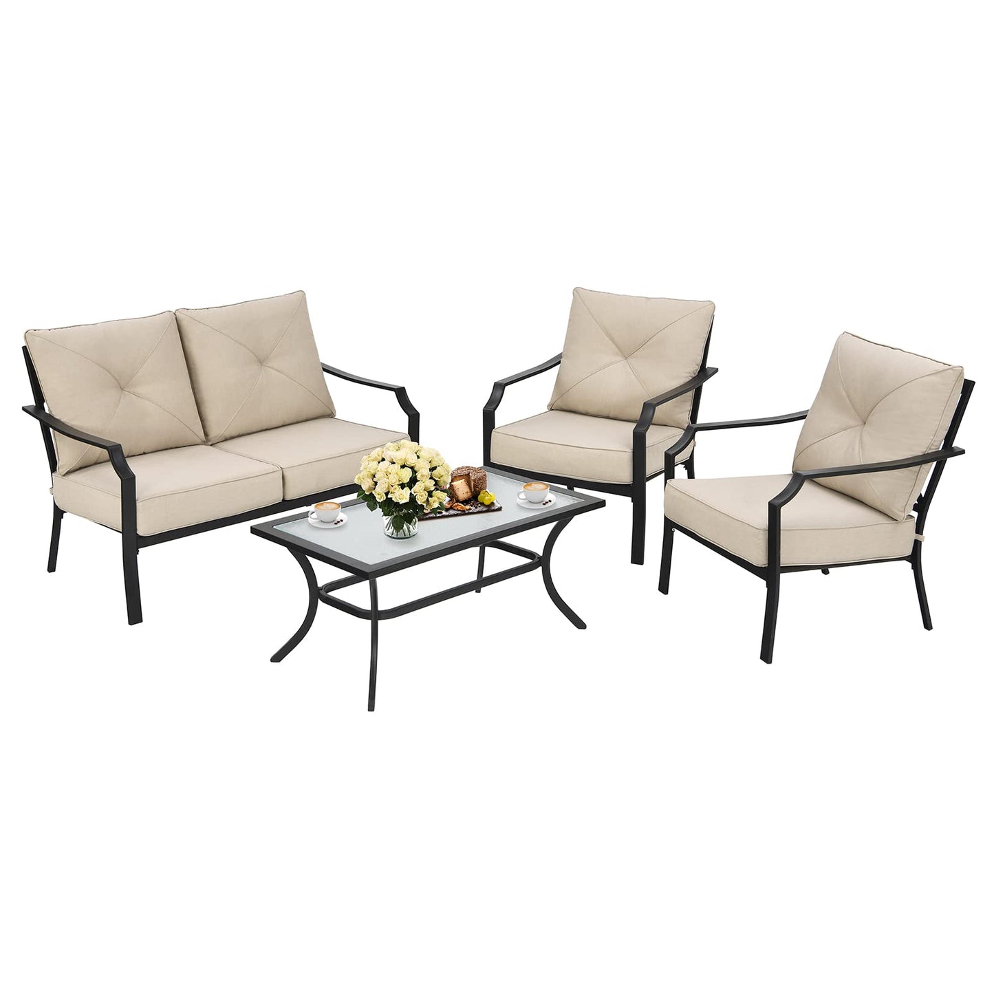Tangkula 4 Pieces Outdoor Furniture Set, Patio Conversation Set with Cushions and Steel Frame - NP10083BE+NP10084WL-BE