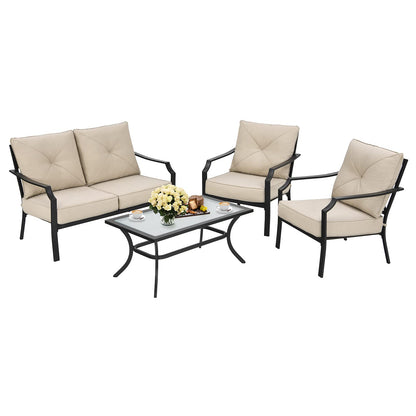 Tangkula 4 Pieces Outdoor Furniture Set, Patio Conversation Set with Cushions and Steel Frame - NP10083BE+NP10084WL-BE