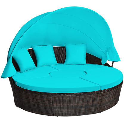 Tangkula Patio Round Daybed with Retractable Canopy, Outdoor Wicker Rattan Furniture Sets - HW63763+