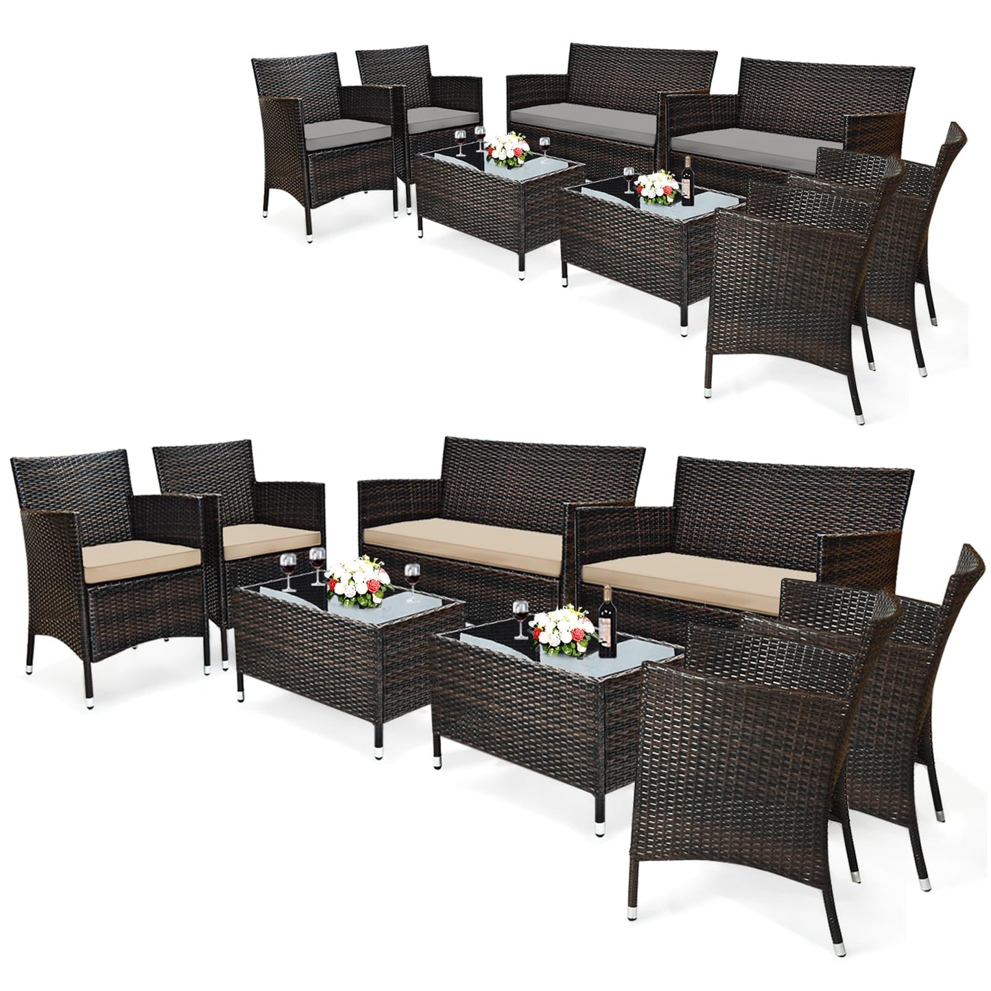 Tangkula 4-Piece Rattan Patio Furniture Set, w/Tempered Glass Coffee Table - HW67772BT
