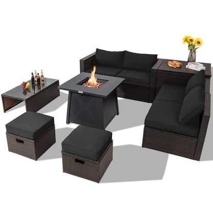 Tangkula 9 Pieces Patio Furniture Set with 30" Propane Fire Pit Table - OP70521+HW68592WH+
