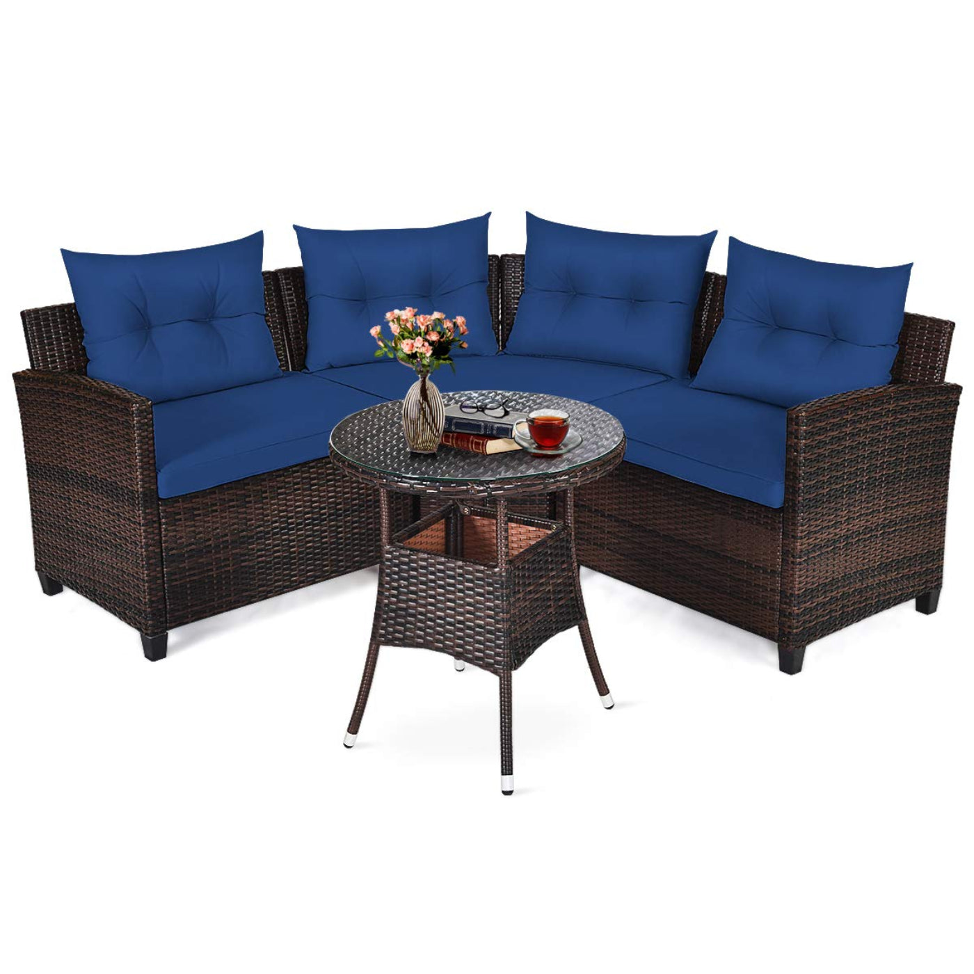 Tangkula 4-Piece Patio Furniture Set, C-Shape Outdoor Wicker Sectional Sofa Set - HW66920BK+