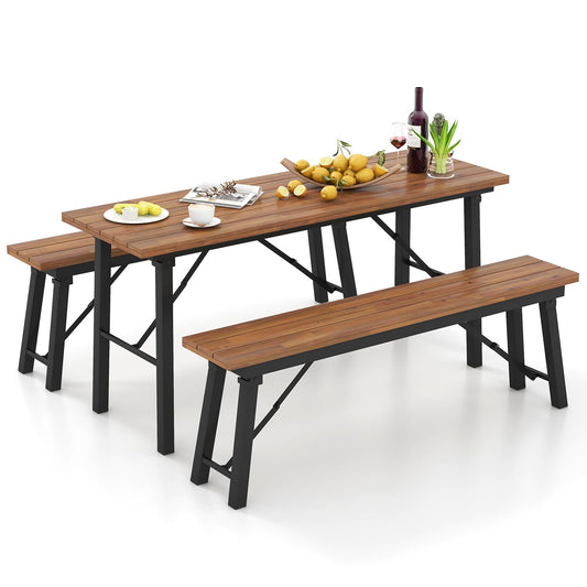 Tangkula Outdoor Dining Table With Benches for 4-6 Persons, No Assembly - HV10581+HV10582