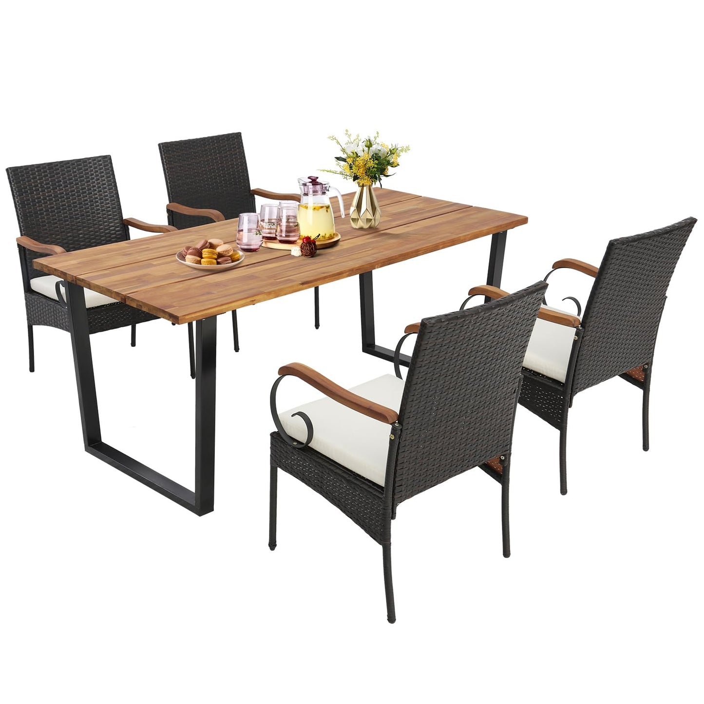 Tangkula Outdoor Wicker Chair & Dining Table Set, Acacia Wood Tabletop & Armrests, 2” Umbrella Hole - HW70833-4+HW70840