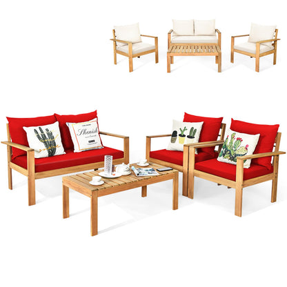 Tangkula Outdoor 4-Piece Acacia Wood Chat Set - HW64146WH-C+HW64146TU+