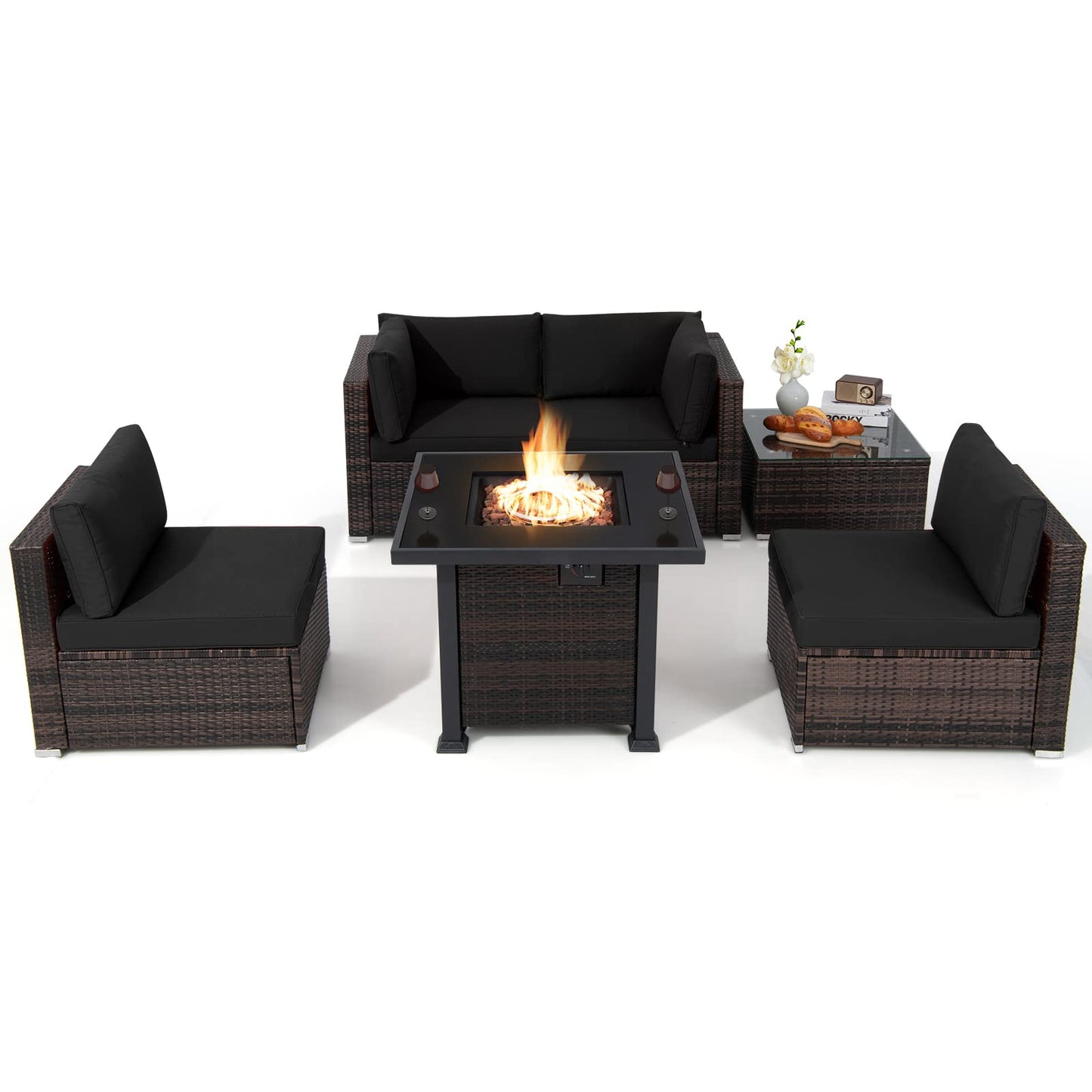 Tangkula 6 Piece Patio Wicker Conversation Set, Outdoor Rattan Sofa Set - NP10618CF+HW68691BDK+