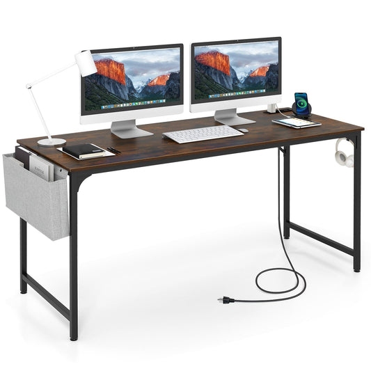 Tangkula 60” Large Computer Desk with Charging Station, Modern Simple Study Writing Desk with Storage Bag - 4*JV11154US-CF