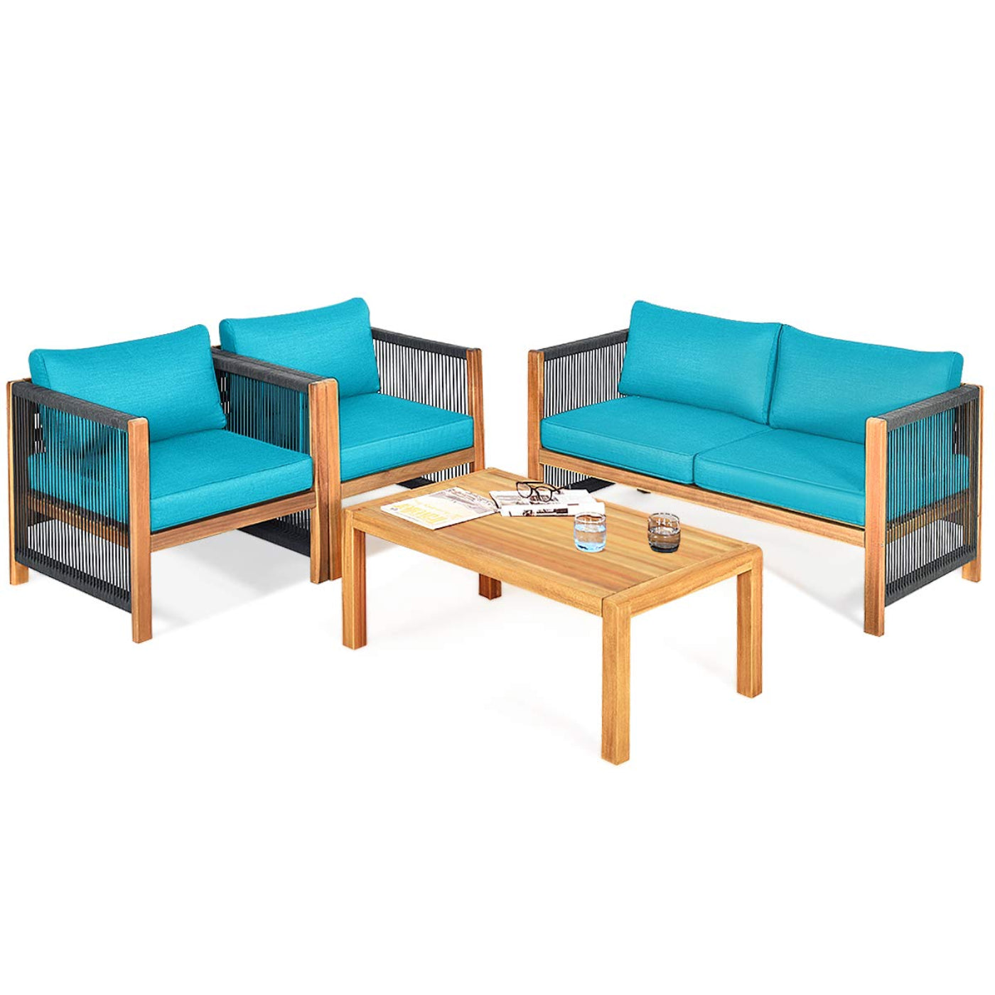 Tangkula Outdoor Wood Furniture Set, Acacia Wood Frame Loveseat Sofa, 2 Single Chairs and Coffee Table - HW63868RE