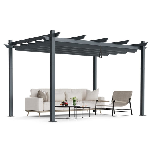 Tangkula 10x13 Ft Pergola, Heavy-Duty Aluminum Outdoor Pergola with Retractable Sun Shade Canopy - NP10911GR