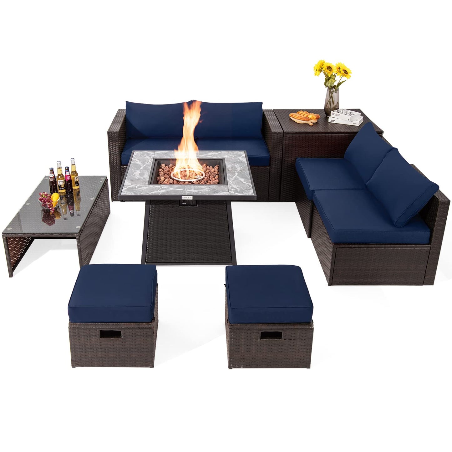 Tangkula 9 Pieces Outdoor Patio Furniture Set with 35-Inch Propane Fire Pit Table - NP10262DK+HW68592DK+
