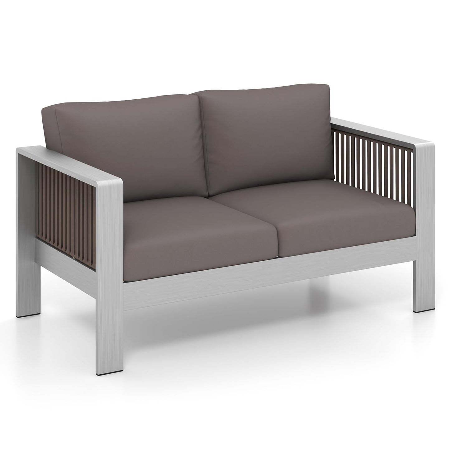 Tangkula Patio Aluminum Loveseat Sofa, Outdoor Furniture Set with Thick Back & Seat Cushions (Gray) - NP11417GR