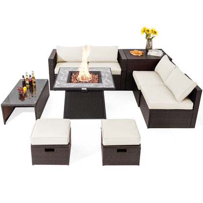 Tangkula 9 Pieces Outdoor Patio Furniture Set with 35-Inch Propane Fire Pit Table - NP10262DK+HW68592DK+