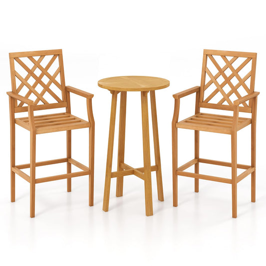 Tangkula 3 Piece Patio Bar Set, Teak Wood Bistro Furniture with Backrest, Armrests & Footrest - 2*JV11957+JV11903