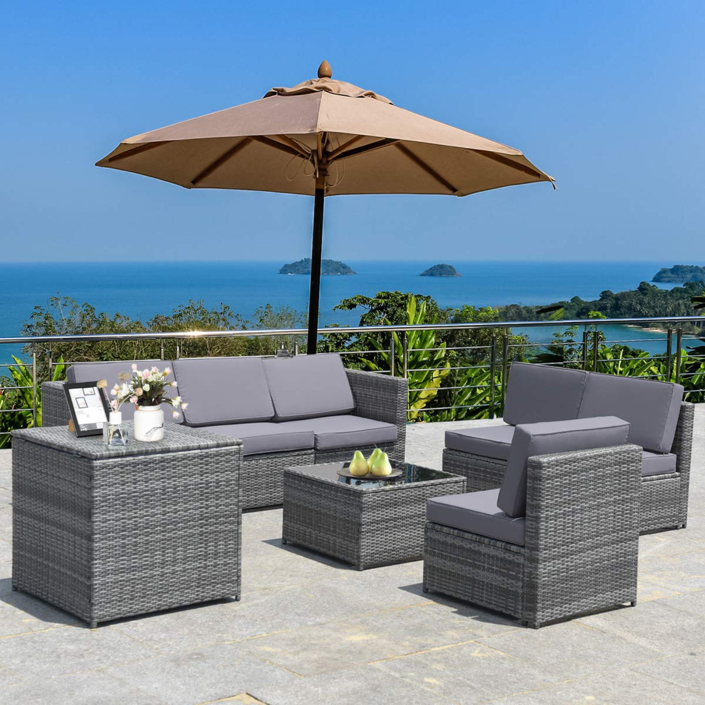 Tangkula 8 PCS Outdoor Patio Furniture Set, Rattan Wicker Sofa Set - HW65782BK+