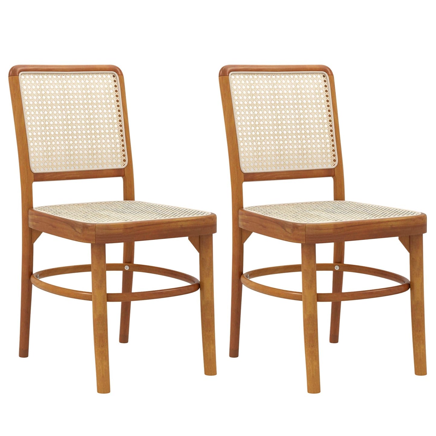 Tangkula Boho Dining Chairs, Natural Rattan Living Room Chairs with Teak Wood Structure & Footrests - JV11895