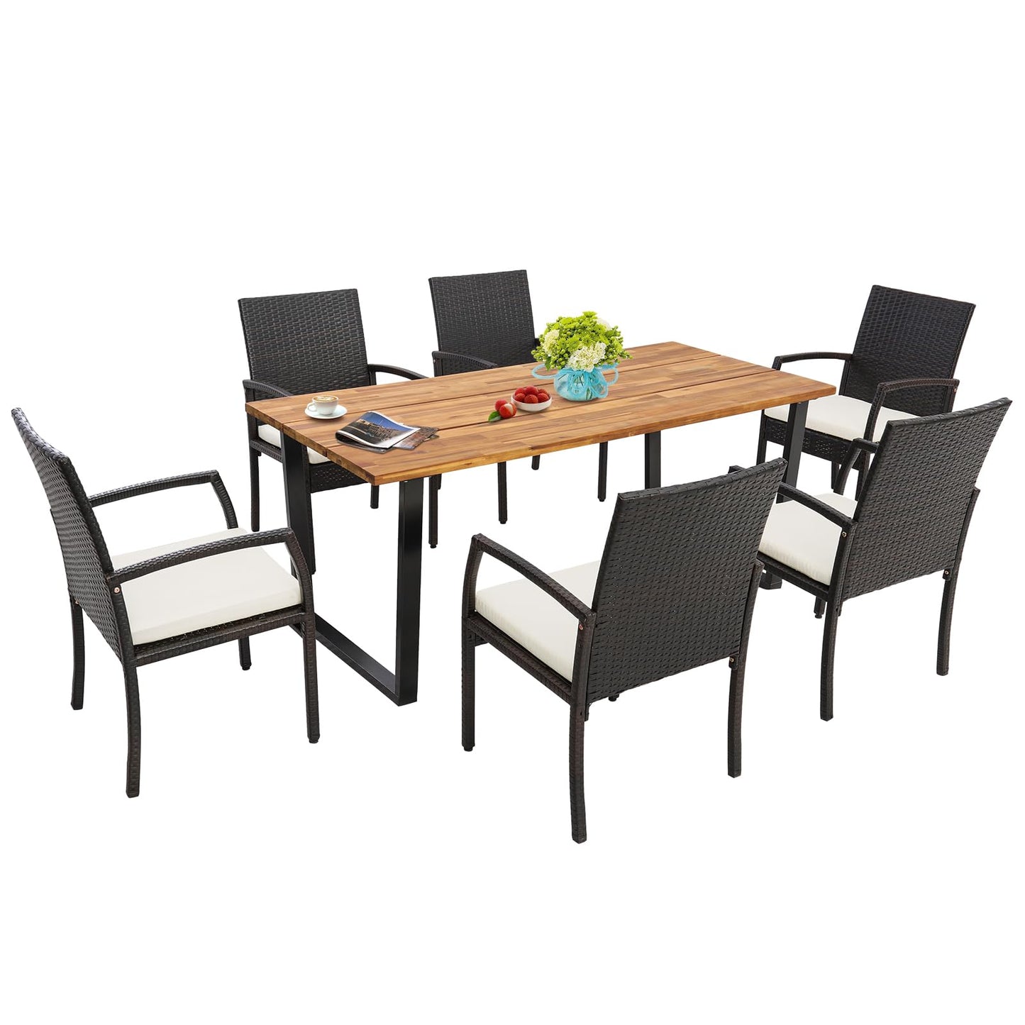Tangkula Patio Rattan Dining Set, Acacia Wood Tabletop w/Umbrella Hole - HW70830-4+HW70840