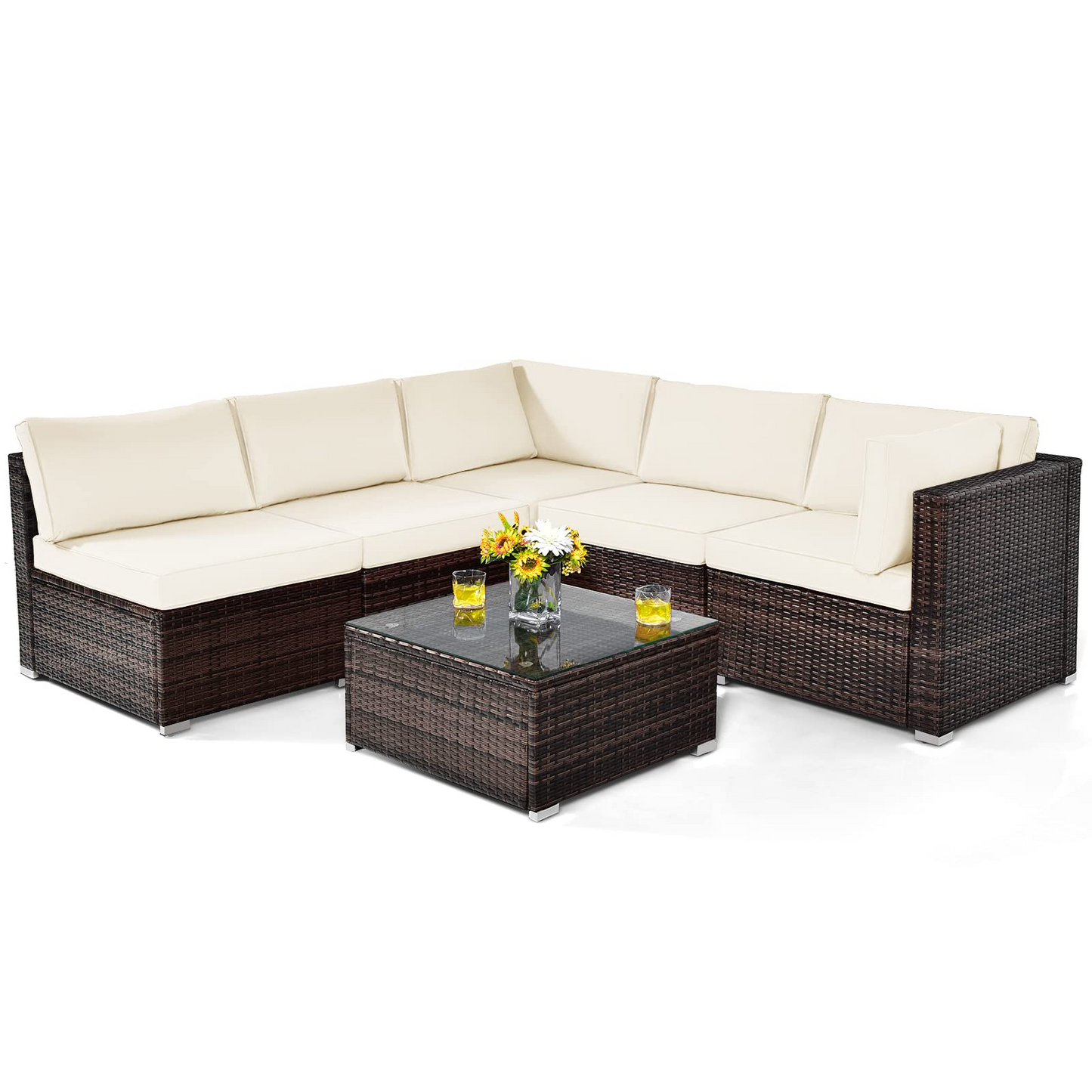 Tangkula 6 Pieces Patio Furniture Set, Outdoor Wicker Conversation Set with Glass Coffee Table - HW67937WH+