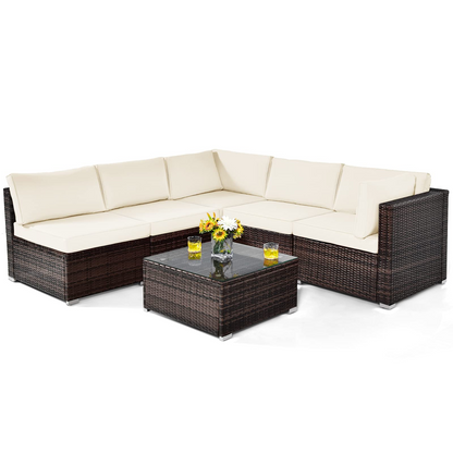 Tangkula 6 Pieces Patio Furniture Set, Outdoor Wicker Conversation Set with Glass Coffee Table - HW67937WH+