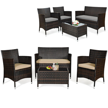 Tangkula 4-Piece Rattan Patio Furniture Set, w/Tempered Glass Coffee Table - HW67772BT