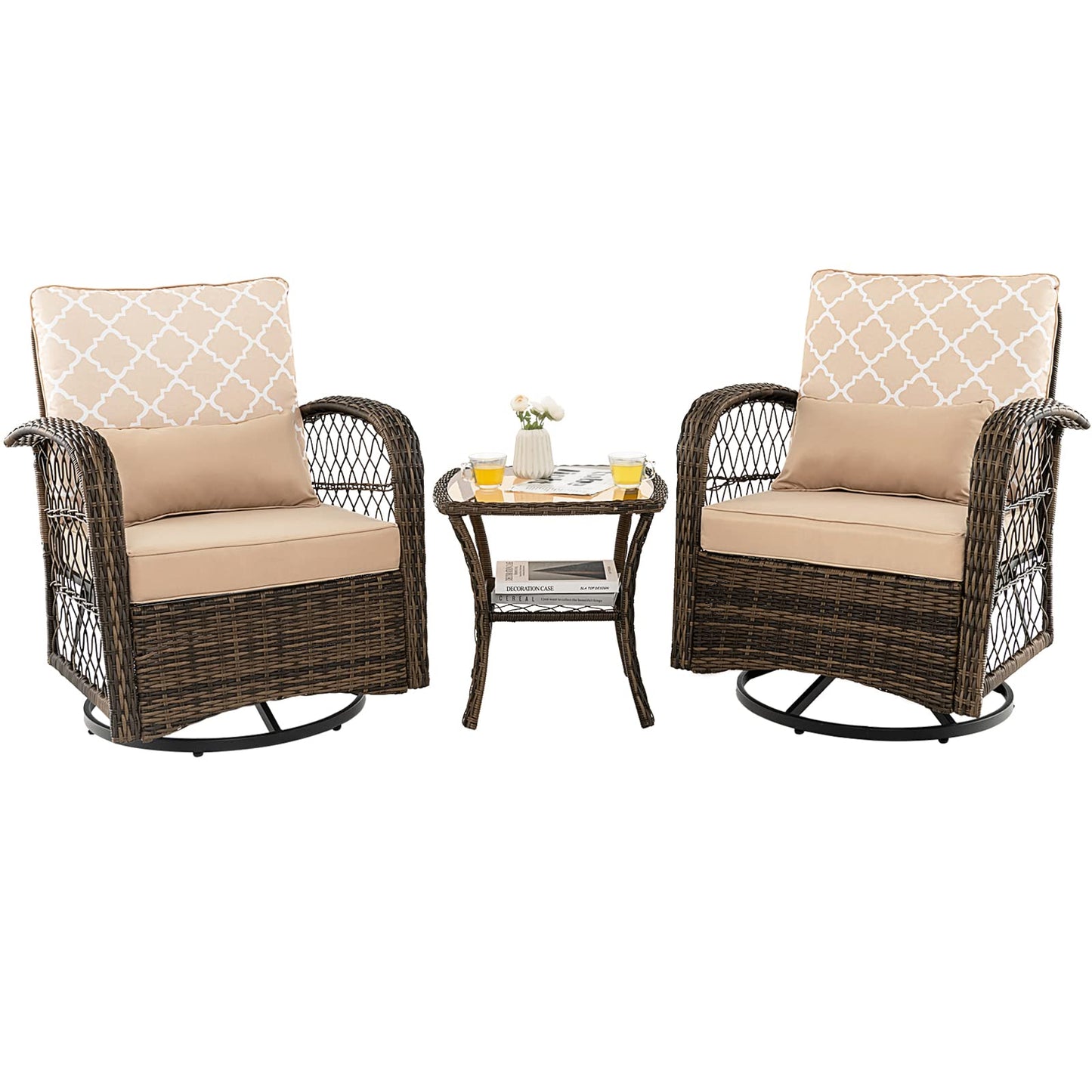 Tangkula 3-Piece Patio Swivel Rocker Set, Wicker Swivel Rocking Chairs - NP10975MS+