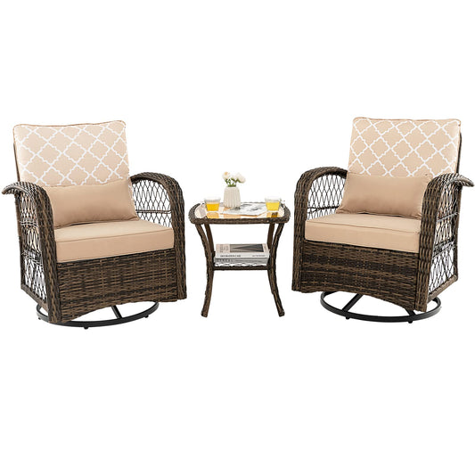 Tangkula 3-Piece Patio Swivel Rocker Set, Wicker Swivel Rocking Chairs - NP10975MS+