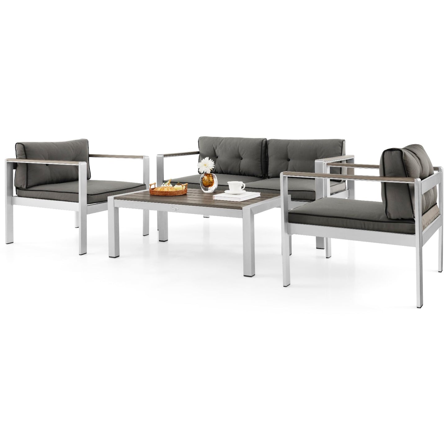 Tangkula 4 Piece Patio Aluminum Sofa Set, Contemporary Sofas & Coffee Table - 2*NP11317GR+NP11318GR+NP11319GR