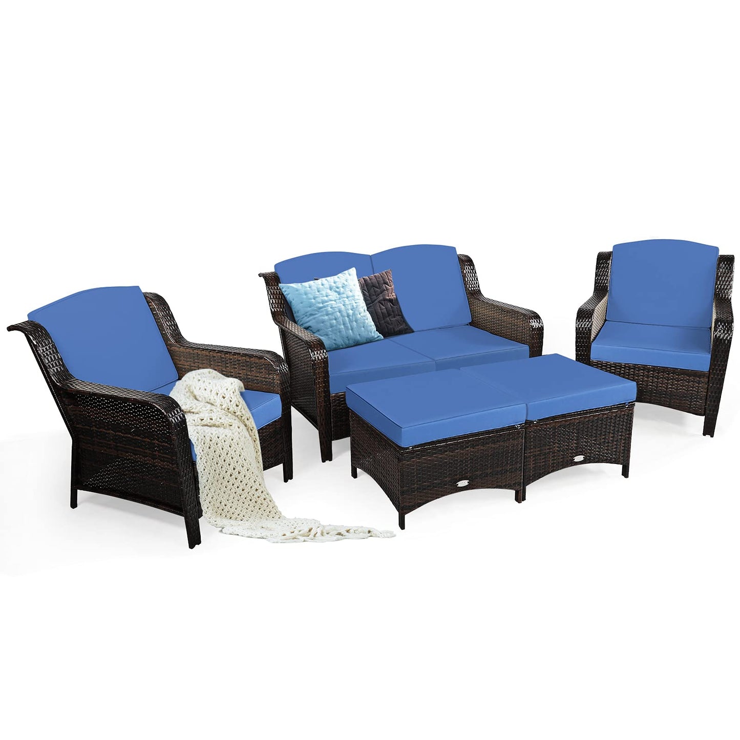 Tangkula 5 Pieces Patio Furniture Set, Outdoor Rattan Conversation Sofa Set with Loveseat - HW67702TU+