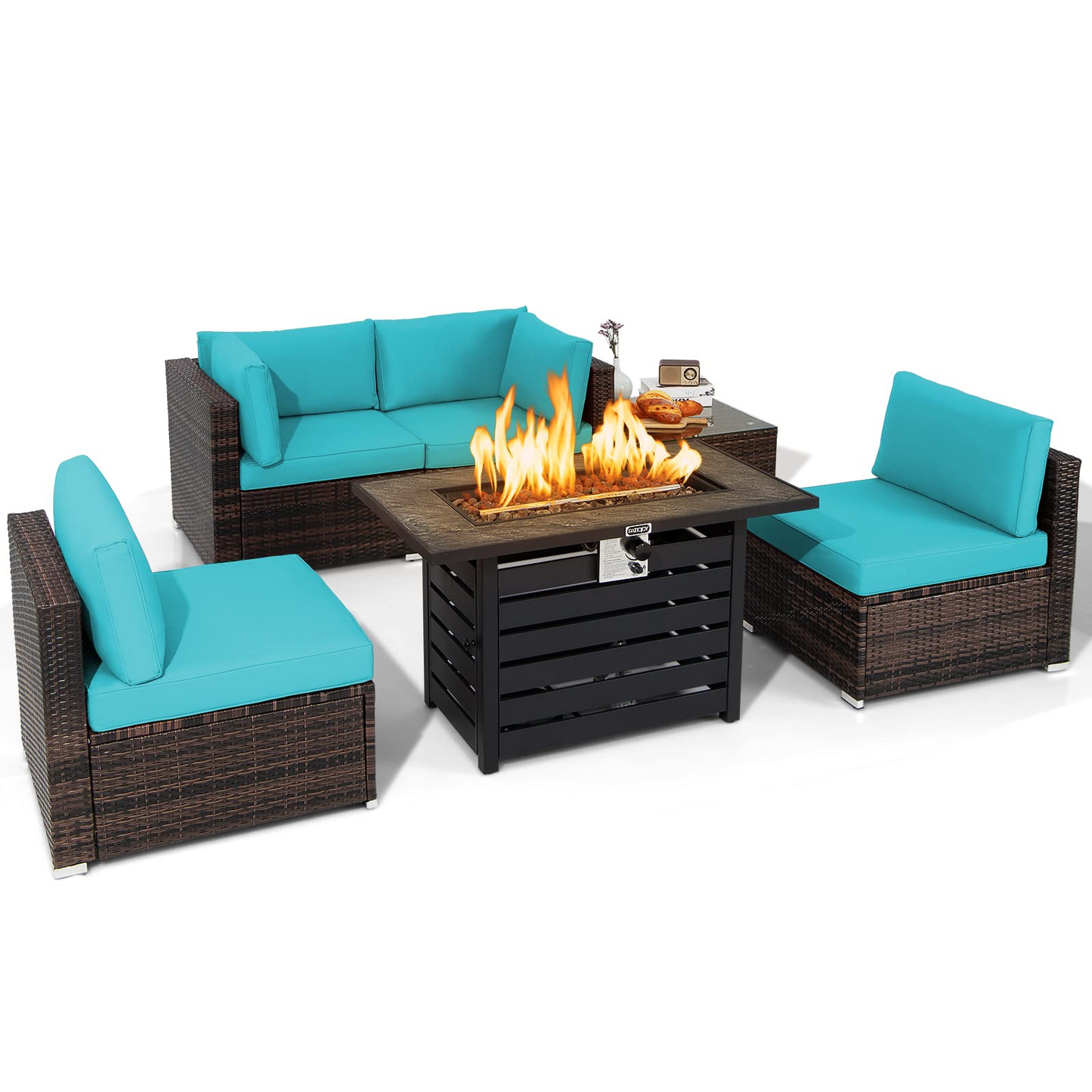 Tangkula 6-Piece Patio Furniture Set with 42 Inches Propane Fire Pit Table - NP10461+HW68691BDK+