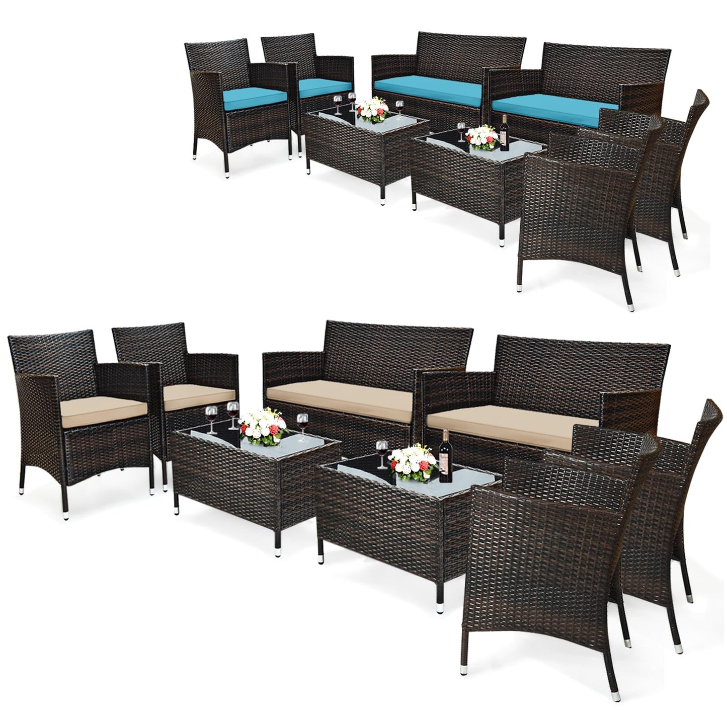 Tangkula 4-Piece Rattan Patio Furniture Set, w/Tempered Glass Coffee Table - HW67772BT