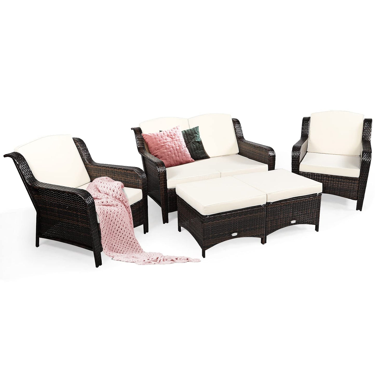 Tangkula 5 Pieces Patio Furniture Set, Outdoor Rattan Conversation Sofa Set with Loveseat - HW67702TU+