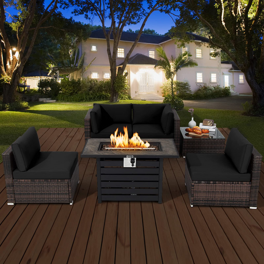 Tangkula 6-Piece Patio Furniture Set with 42 Inches Propane Fire Pit Table - NP10461+HW68691BDK+
