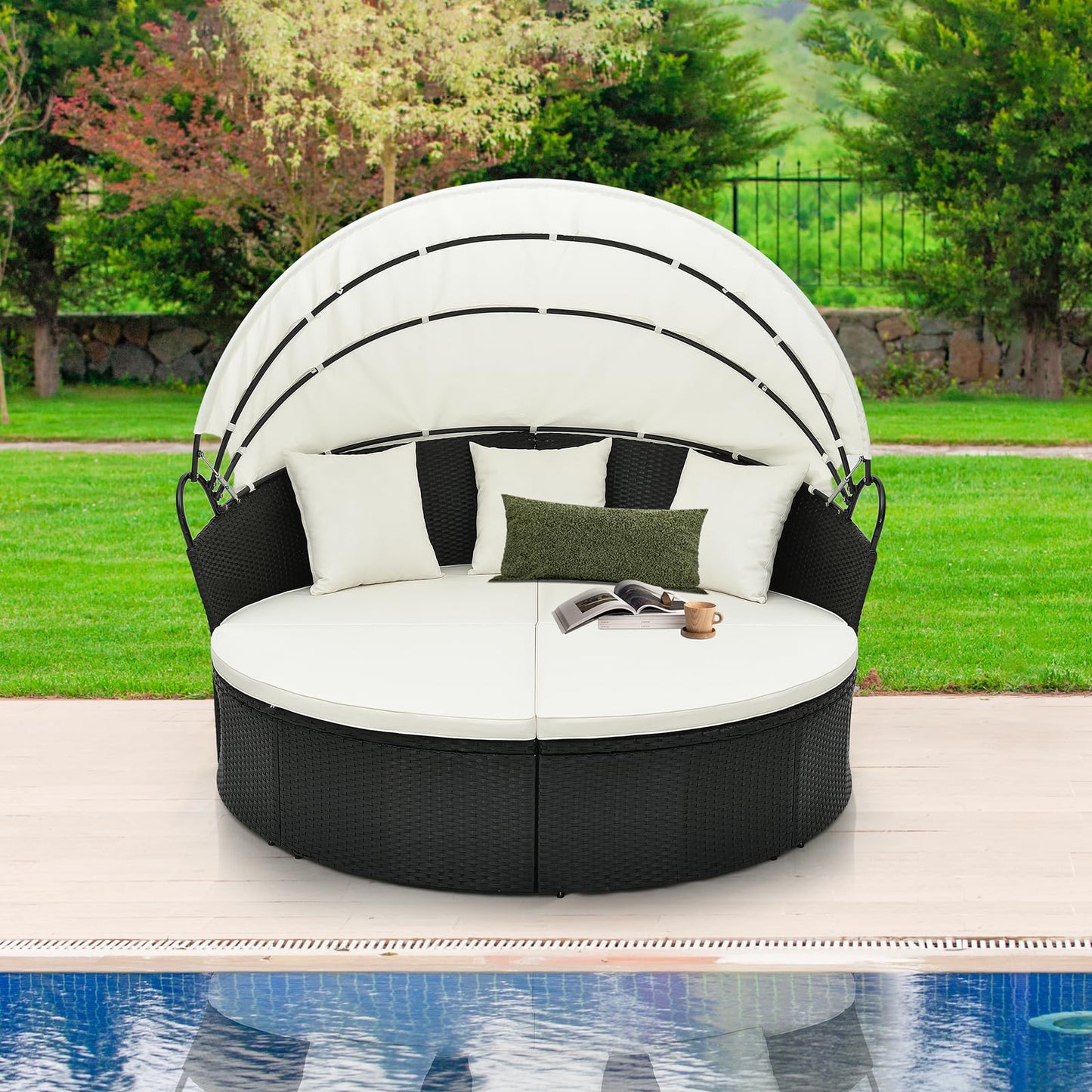 Tangkula Outdoor Patio Round Daybed with Retractable Canopy - HW71564DK+