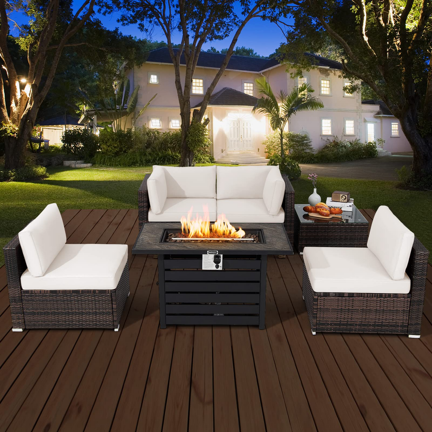 Tangkula 6-Piece Patio Furniture Set with 42 Inches Propane Fire Pit Table - NP10461+HW68691BDK+