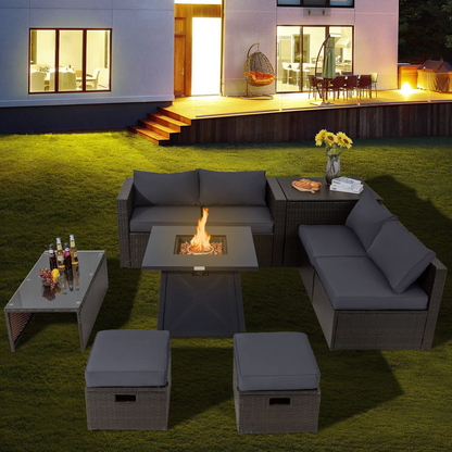 Tangkula 9 Pieces Patio Furniture Set with 30" Propane Fire Pit Table - OP70521+HW68592WH+