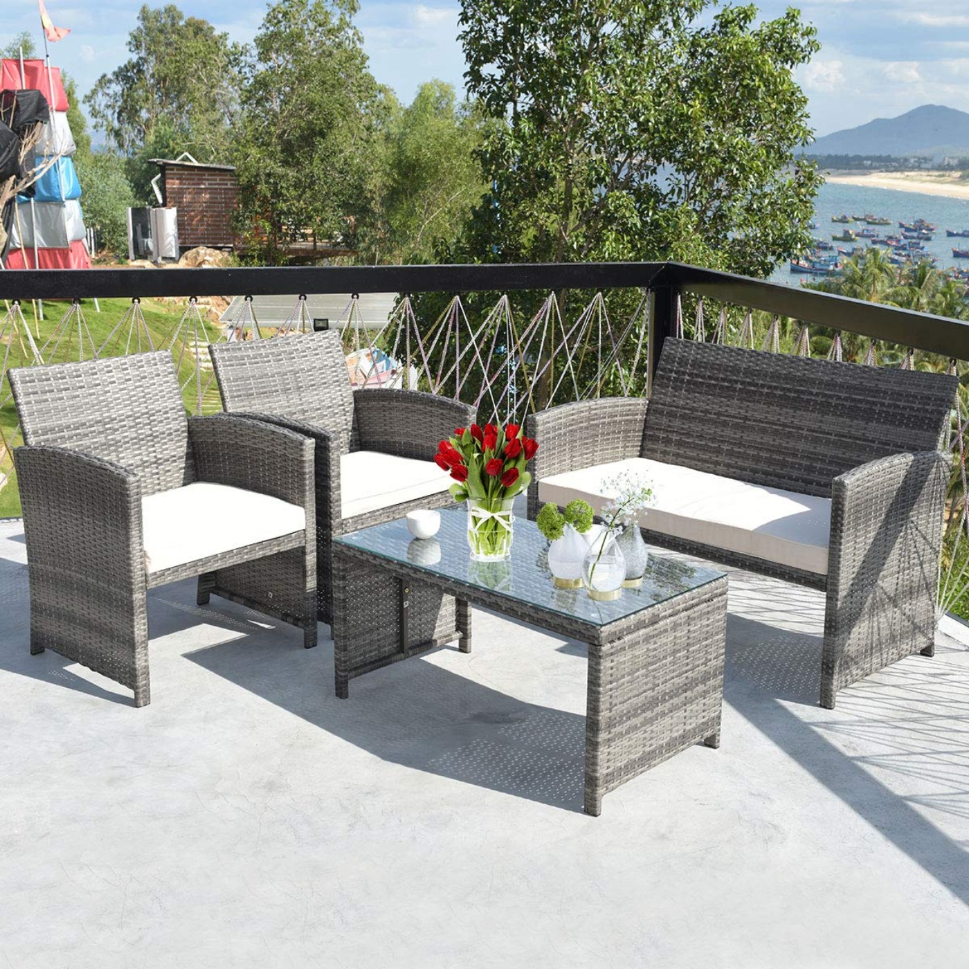 Tangkula 4/8 PCS Wicker Patio Conversation Set, Outdoor Rattan Sofas with Table Set - HW63238WH