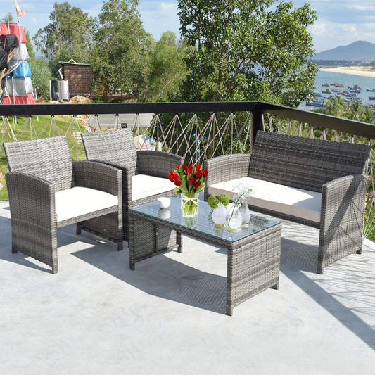Tangkula 4/8 PCS Wicker Patio Conversation Set, Outdoor Rattan Sofas with Table Set - HW63238WH