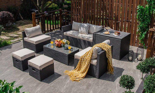 Tangkula 8-Piece Patio Furniture Set with Cover, 2 Ottomans, 2 Armless Sofas & Corner Sofas - HW68605WH+