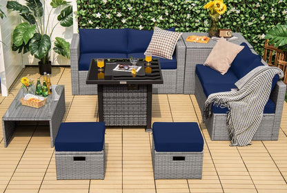 Tangkula 9 Pieces Outdoor Patio Furniture Set with 32-Inch Propane Fire Pit Table - NP10618GR+HW68604DK+