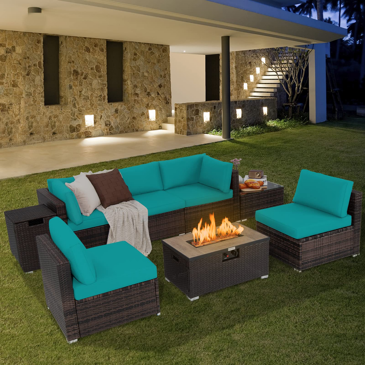 Tangkula 8 Piece Outdoor Wicker Sofa Set, Patio Rattan Conversation Set - NP10261CF+HW67937WHA+