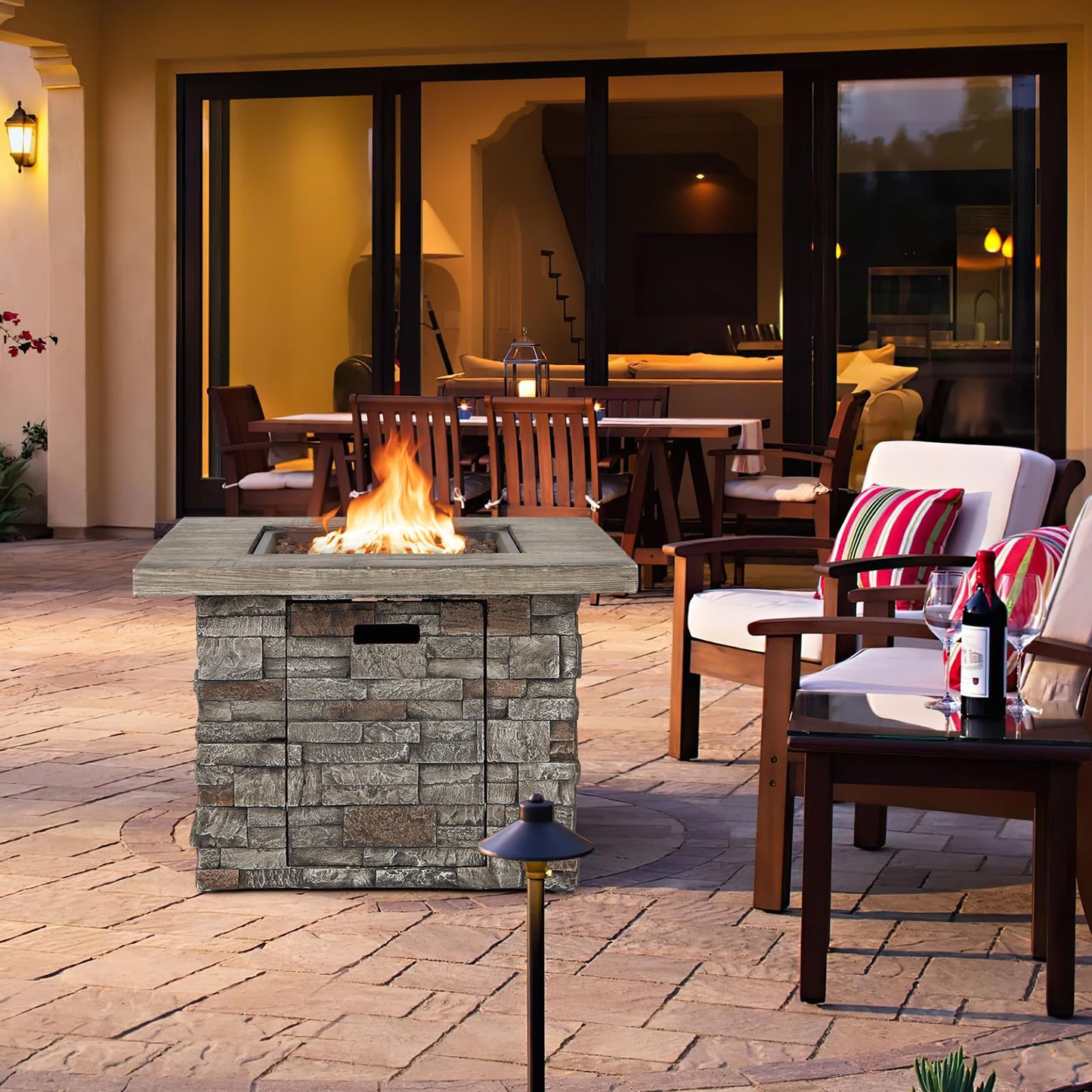 Tangkula 34.5 Inch Faux Stone Propane Fire Pit Table - NP10630WL-GR
