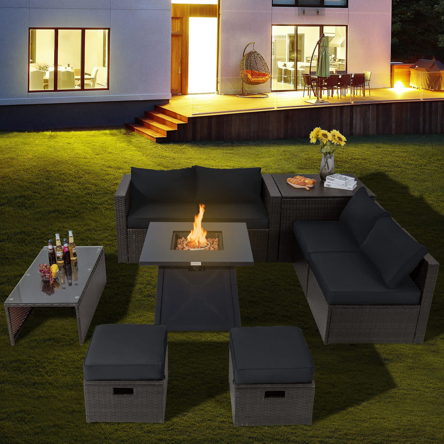 Tangkula 9 Pieces Patio Furniture Set with 30" Propane Fire Pit Table - OP70521+HW68592WH+