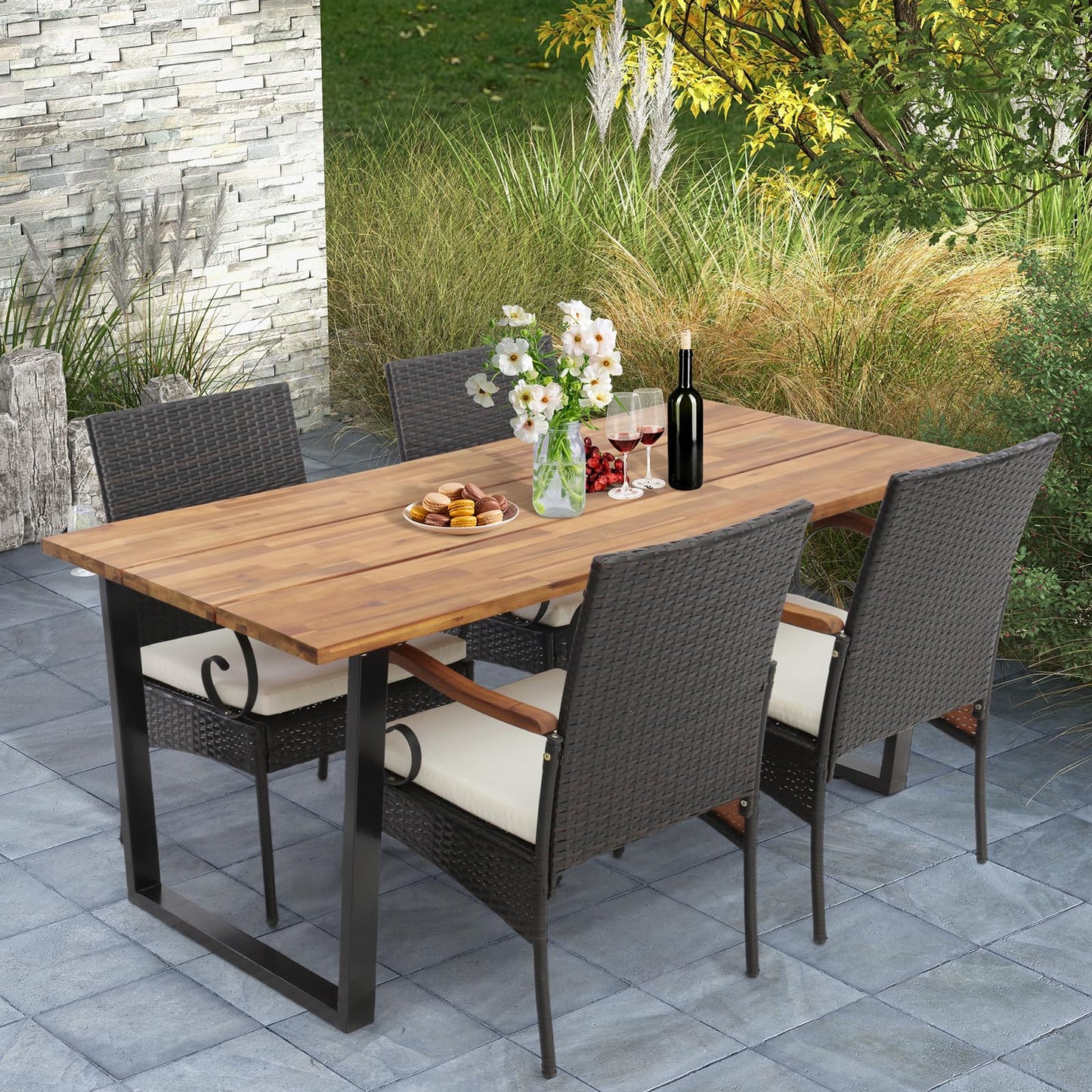 Tangkula Outdoor Wicker Chair & Dining Table Set, Acacia Wood Tabletop & Armrests, 2” Umbrella Hole - HW70833-4+HW70840