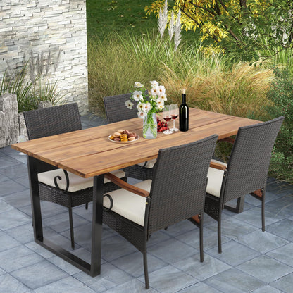 Tangkula Outdoor Wicker Chair & Dining Table Set, Acacia Wood Tabletop & Armrests, 2” Umbrella Hole - HW70833-4+HW70840