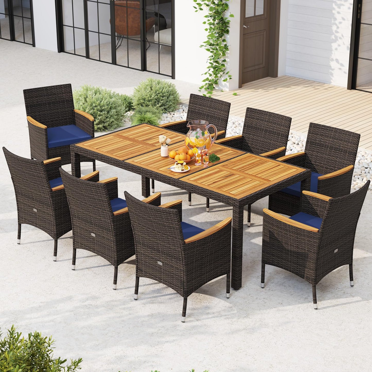 Tangkula 9 Pieces Patio PE Wicker Dining Set - HW73184WH+