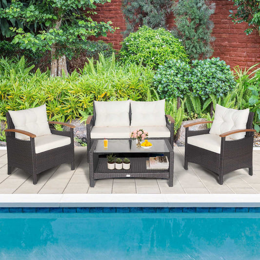 Tangkula 4 Piece Patio Rattan Conversation Set, Outdoor Wicker Sofa Set W/2-Layer Coffee Table - HW69469WH+
