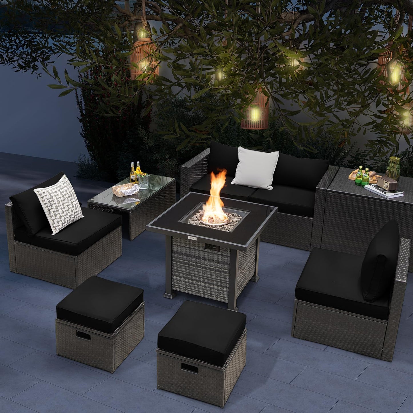 Tangkula 9 Pieces Patio Furniture Set with 50,000 BTU Propane Fire Pit Table - NP10618GR+HW68592DK+